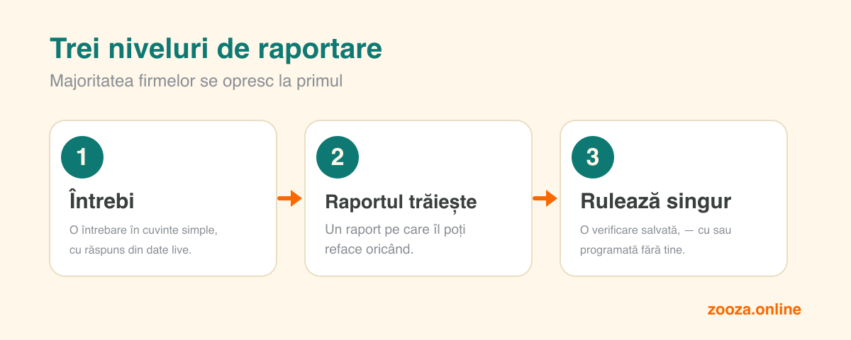 Diagramă cu cele trei niveluri de raportare: primul — întrebi în cuvinte simple și primești un răspuns din date live; al doilea — raportul rămâne viu și poate fi refăcut oricând; al treilea — o verificare salvată rulează singură după un program.