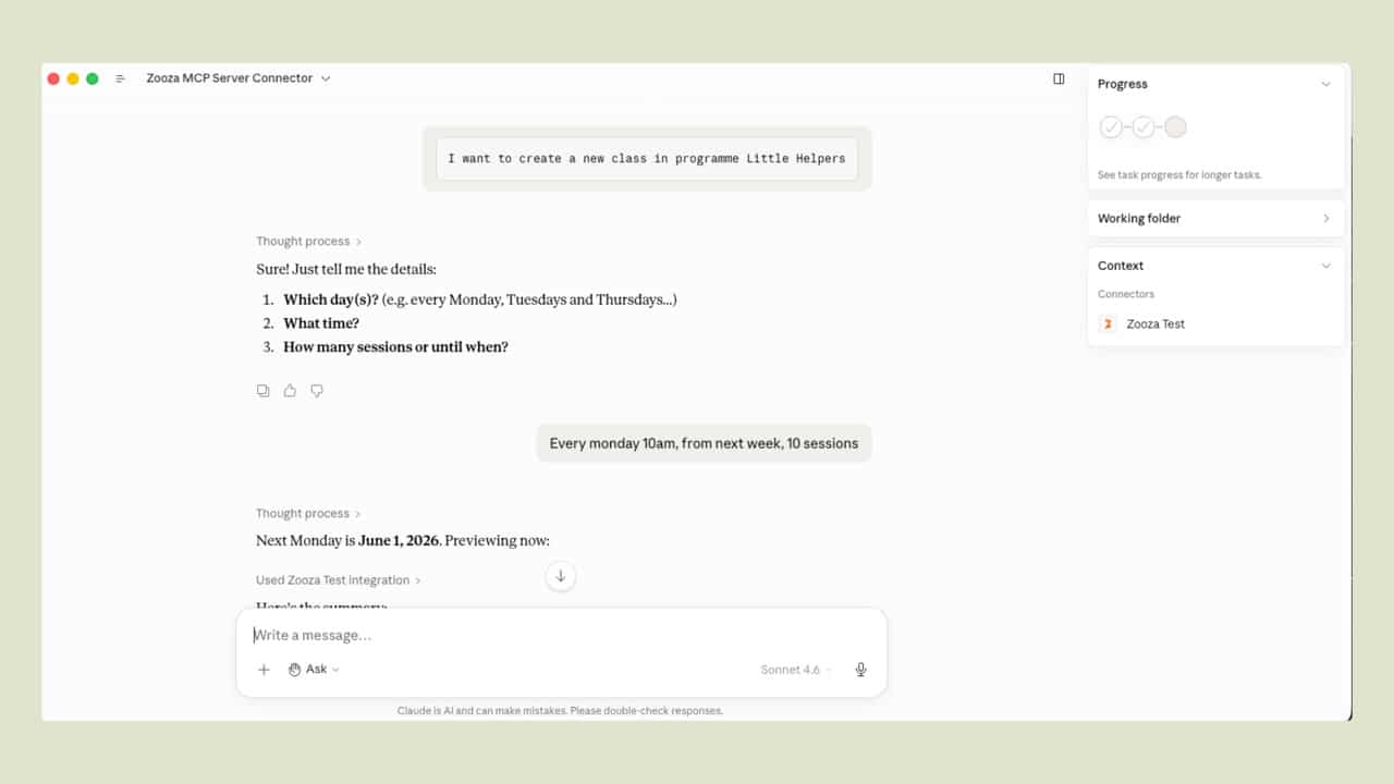 Zooza spúšťa prvú AI agentskú integráciu pre správu detských aktivít 9 Vytvorenie novej lekcie cez Claude AI konverzáciu